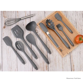 

10 Pcs Kitchen Utensil Set Gray Silicone Cooking Utensils Non-stick Spatula Wooden Handle with Storage Box Kitchen Safety Tools