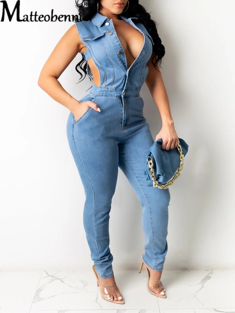2021 Summer Women Denim Jumpsuit Fashion Hollow Out Sleeveless Turn-Down Collar Single Breasted Slim Stretchy Street Jumpsuits