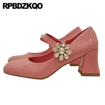 

block pink crystal shoes square toe women sweet diamond patent leather chunky high heels thick ladies pumps rhinestone mary jane
