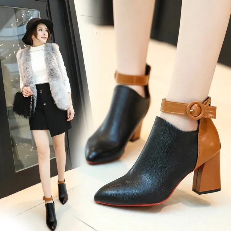 

2018 Autumn & Winter New Style High-Heel Chunky-Heel Martin Boots Europe And America Fashion Pointed Women's A- line Buckle Mixe