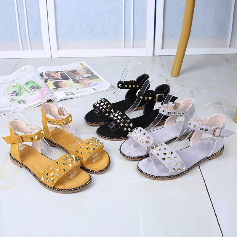 Ymechic 2020 Summer Daily Cheap Flat Heel Studded Sandals Suede Black