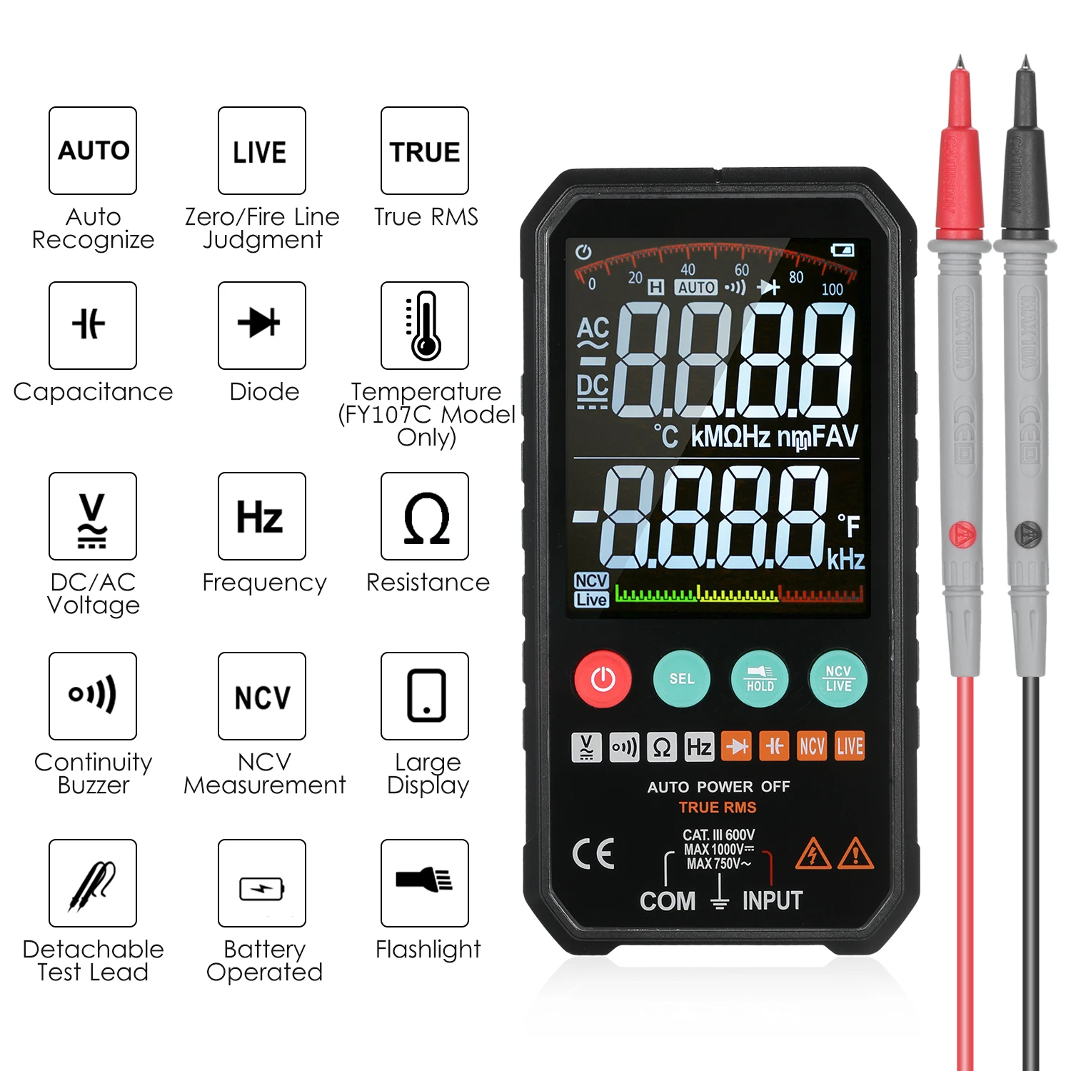 Mastfuyi Digital Multimeter FY107B / FY107C 6000counts Ture RMS AC DC NCV Transistor Capacitor Temperature Voltage Smart Meter digital multimeter