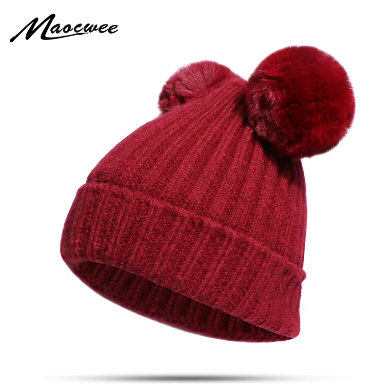 

Winter lady cute warm Beanie Hat outdoor riding plus velvet knit hat double hair ball wild pullover hat