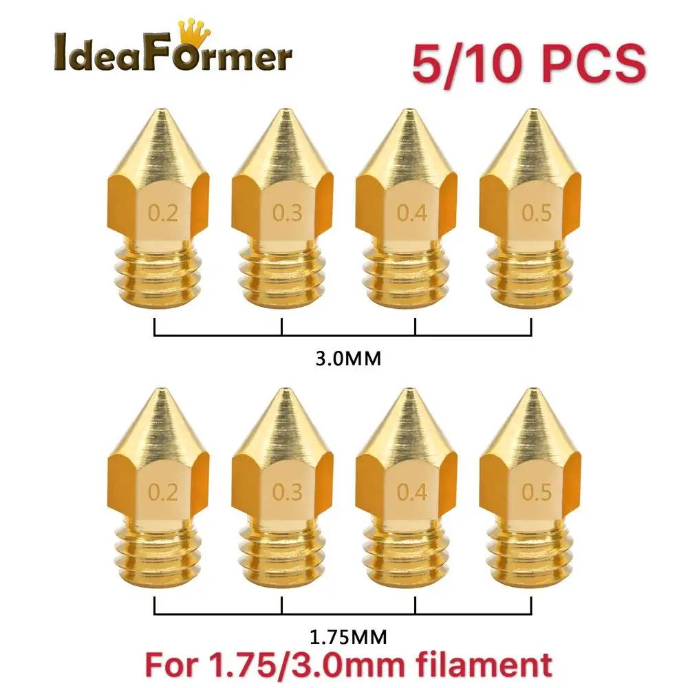 Brass MK8 Extruder Nozzle 0.2-1.0mm For 1.75/3mm Filament RepRap 3D Printer 