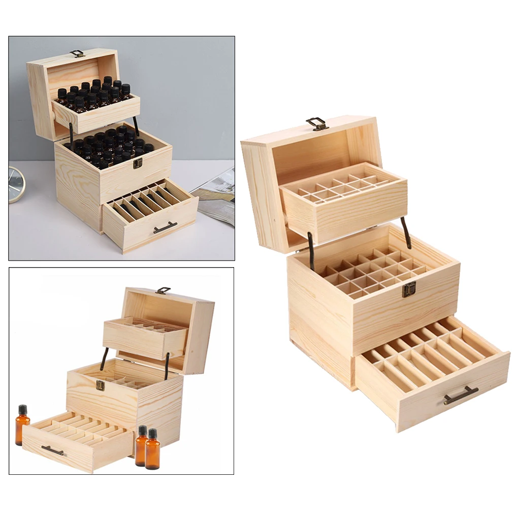 Nautral Pine Wood Essential Oil Wooden Box Aroma Oils Storage Case 59 Capacity Aromotherapy Oil Bottle Holder Display Show