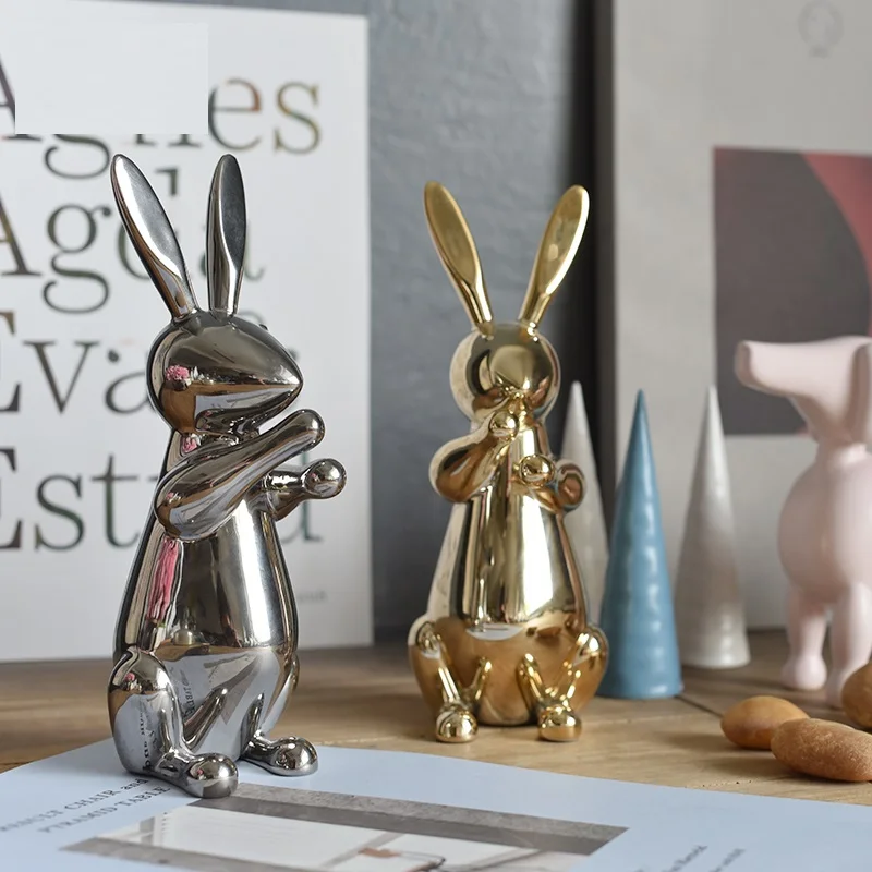 

Simple Modern Plating Rabbit Statue Abstract Animal Sculpture Figurine Ceramic Craftwork Home Decorations Ornaments R2290