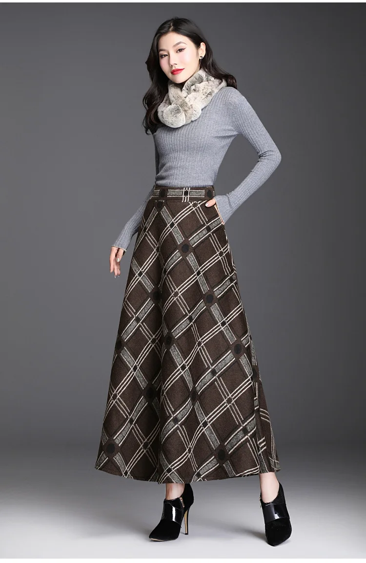 Шерстяная Юбка, Длинная женская юбка, осень и зима, большой размер, высокая талия, трапециевидная юбка, утолщенная, большая юбка-зонт