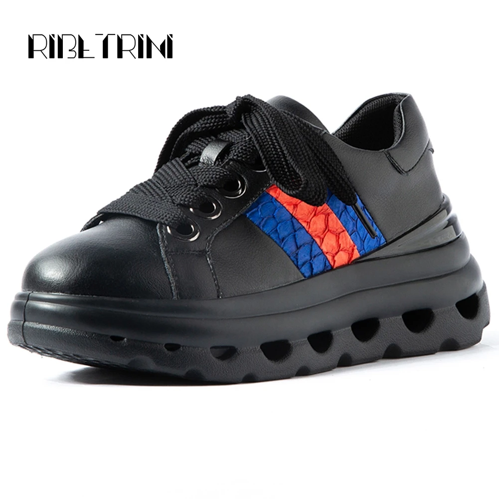 

RIBETRINI Ins New Dad Shoes Woman Thick Heels Round Toe Pltform Lace Up Genuine Leather Women Sneakers Casual Outdoor Shoes