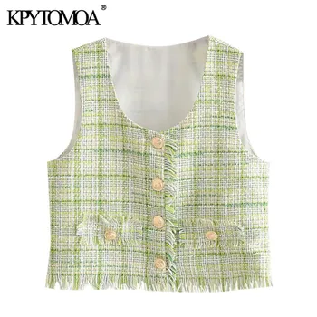 

KPYTOMOA Women 2020 Sweet Fashion Frayed Tassel Tweed Plaid Waistcoat Vintage V Neck Sleeveless Female Vest Outerwear Chic Tops