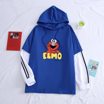 

Cartoon Kawaii Elmo Printed Hoodies Men Fake Two Pieces Hip Hop Casual Cap Sesame Street Sweatshirt Streetwear Sports Tops