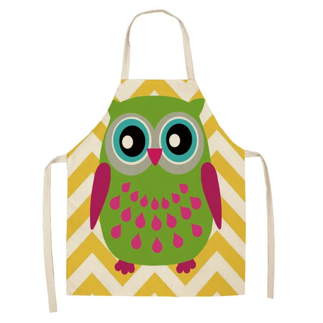 1Pcs Cartoon Owl Printed Kitchen Apron for Woman Sleeveless Cotton Linen Aprons For Cooking Home Cleaning Tools WQCN38