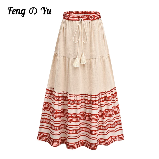Fashion Bohemian Long Skirt Women's Elegant Holiday Summer Casual High Elastic Waist Skirt Floral Print Sea Blue Retro Skirt Cream Color