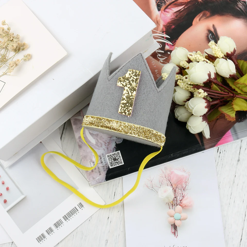 Corona Primo Compleanno Baby Princess - Rosa E Oro, Con Paillettes E Fiori, Regalo Per Bambina 1 Anno