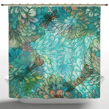 

Upscale Shower Curtain by, Dragonfly,Fantasy Flowers Mixed in Various Tones Shabby Chic Feminine Beauty Print,Turquoise