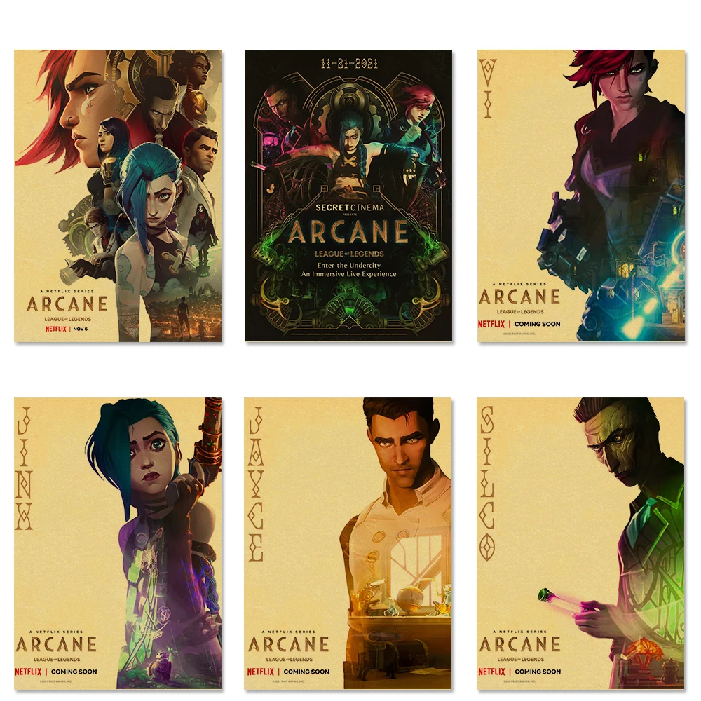 Popular TV Show Arcane Kraft Paper Poster Vi Viktor Jayce Jinx Home Decor Study Bedroom Bar Cafe Wall Paintings Stickers Posters