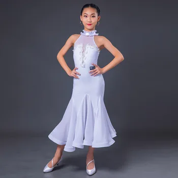 

Girls Ballroom Dresses Sleeveless White Lace Standard Dance Competition Dress Children Waltz Performance Modern Outfit DN6418
