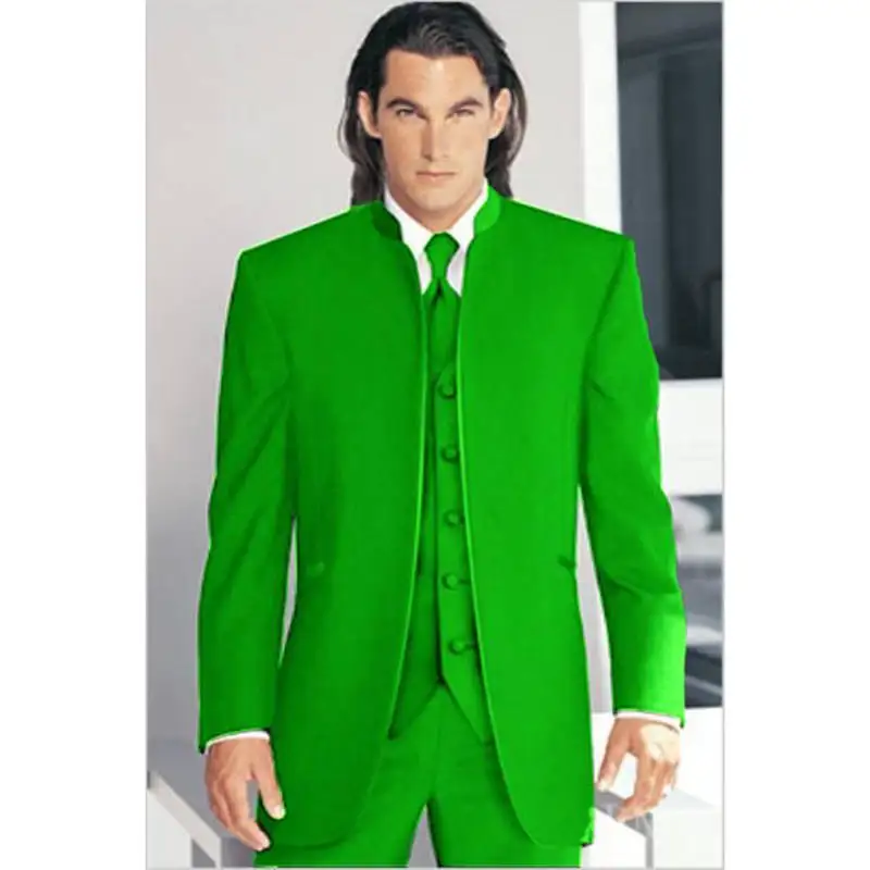 

Custom Men's Suit Measure Tailored Green Madarin Collar grooms men tuxedos (Jacket+Pants+Vest ) 3 Piece