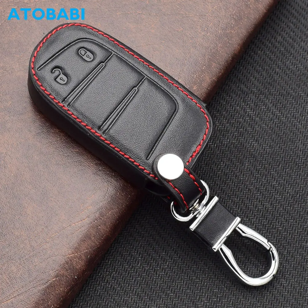 ATOBABI Leather Car Key Case For Dodge Journey 2011 2012 2013 2014 2015 2016 2017 2 Buttons Smart Remote Control Protector Cover