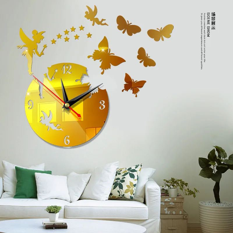 Новые 3D зеркальный эффект настенные часы Фея украшения для дома бабочки часы для гостиной Детская спальня современный дизайн бесшумные часы