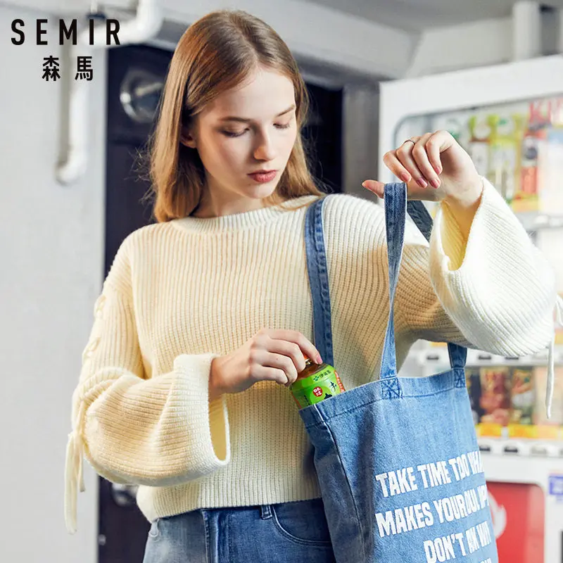 SEMIR женский ребристый вязаный свитер с длинными пышными рукавами женский пуловер свитер со шнуровкой на рукаве ребристый круглый вырез манжеты и подол