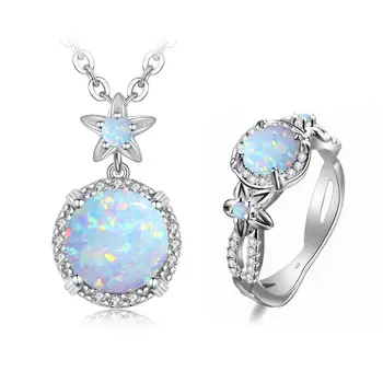 

925 Silver Set For Women Romantic Exquisite Wedding Ring Pendant Round Opal Western Royal Style Gothic Jewelry Party Gift New