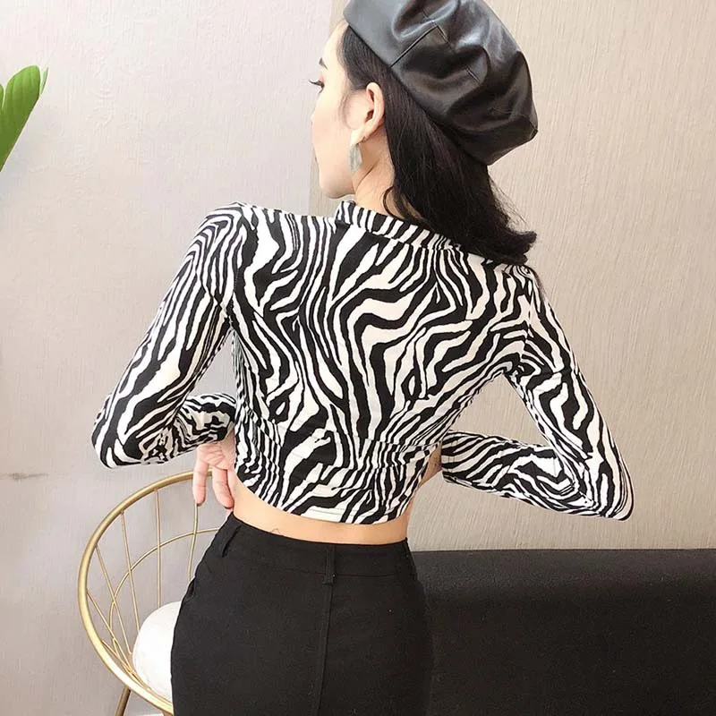 Zebra леопардовые высокие уличные рубашки с принтом животных женские водолазки с длинным рукавом Зебра Женские топы
