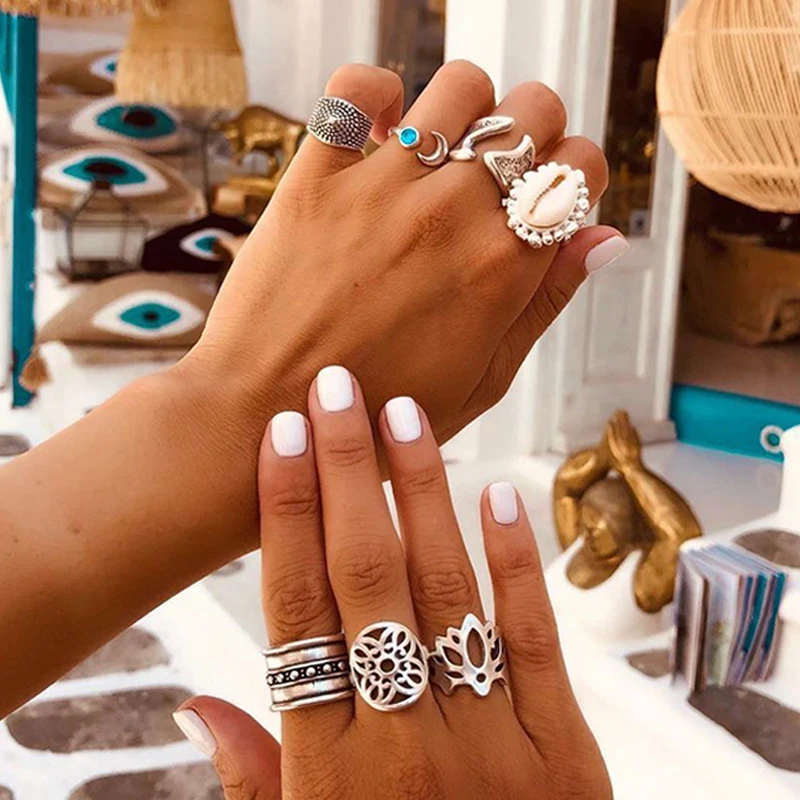 7 шт./компл. женские серебряные кольца Набор Boho полые Лотос оболочки ипомея белая круглая неправильное Открытое кольцо женские модные вечерние аксессуары