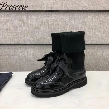 

Prowow New Black Genuine Leather Round Toe Bowtie Cute Ankle Boots Knitted Autumn Winter Boots Zapatos Mujer