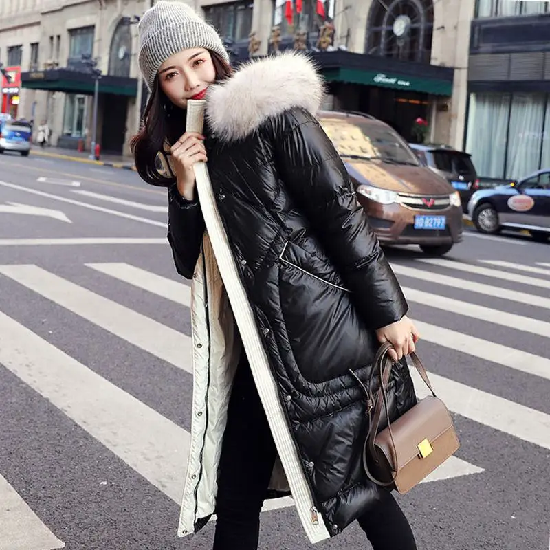 

Large Real Natural Raccoon Fur 2019 Winter Women Down Jacket Long Thick Warm Coat Female 90% White Duck Down Parkas Outwear N75