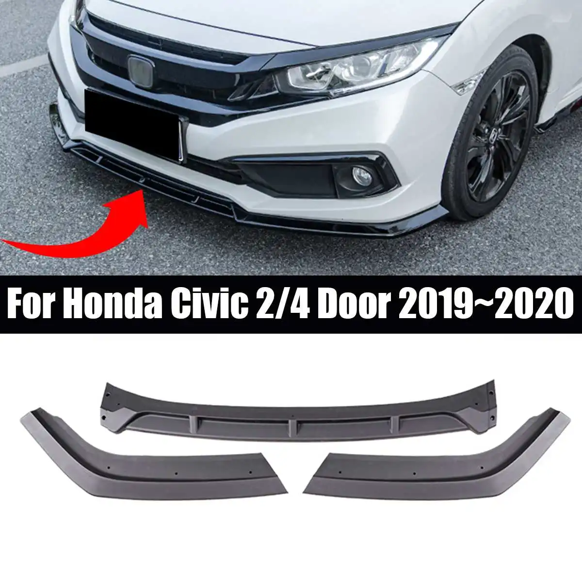 

Black 3 Pcs Car Front Bumper Lip Chin Bumper Body Kits Splitter Diffuser Protector For Honda for Civic 2/4 Door 2019~2020