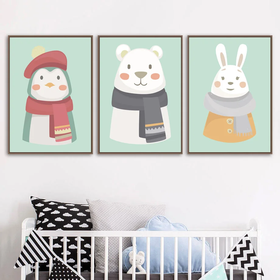 

Cartoon Bear Rabbit Penguin Wall Art Canvas Painting Nordic Posters And Prints Animal Wall Pictures For Kids Room Bedroom Decor