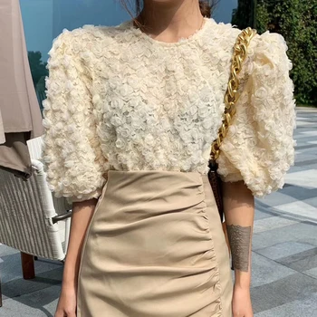 

2020 Summer Korean Chiffon Rose Appliques Shirt For Women O Neck Lantern Sleeve Mesh Oversize Loose Casual Blouse Female