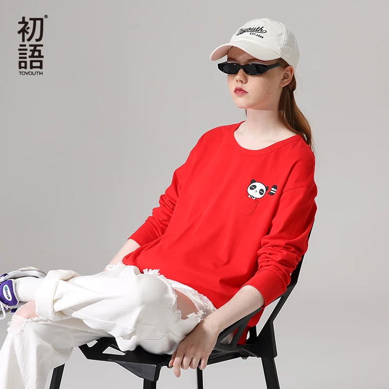 Baratos Camisetas Toyouth de algodón de otoño divertidas camisetas de animales bordadas para mujeres Casual cuello redondo de manga larga