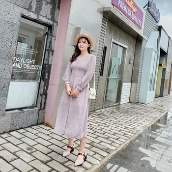 

Leiouna A-Line Plus Size Long Sleeve Solid V-Neck 2020 Fashion Women Dress Elegant Floral Print Single Breasted Midi Party Dress