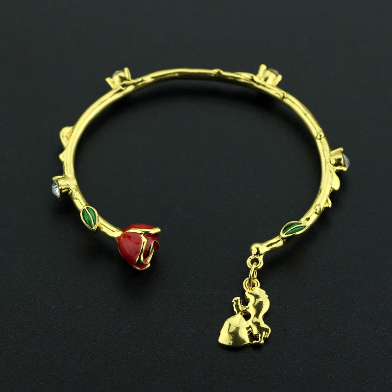 Beauty And The Beast Bracciale Color Oro Bracciale Fiore Rosa Creativo Fiore Rosa Bracciale Principessa Belle E Adam Dancing Charm
