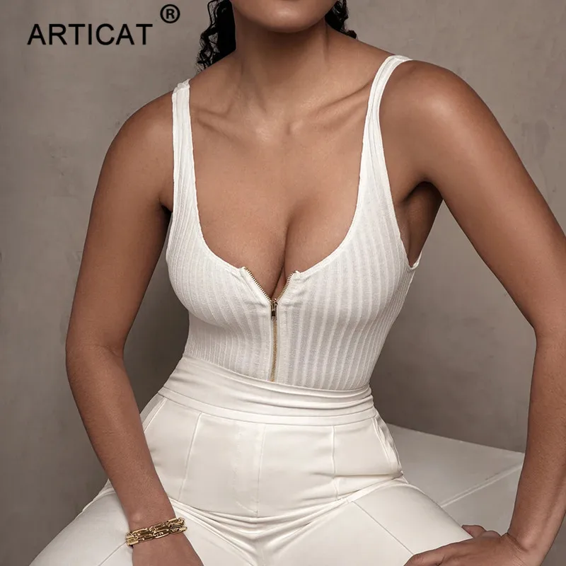 Articat Black Knitted Sexy Bodysuit Women Zipper Sleeveless Bodycon Rompers Women Jumpsuit Basic Elastic Playsuit Summer Tops Articat Black Knitted Sexy Bodysuit Women Zipper Sleeveless Bodycon Rompers Women Jumpsuit Basic Elastic Playsuit Summer Tops