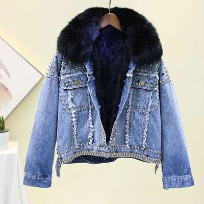 Black fur collar Зимняя джинсовая куртка женская новая джинсовая куртка с заклепками и алмазным воротником из натурального Лисьего меха толстая подкладка из кроличьей шерсти Джинсовая Куртка Свободная верхняя одежда - Цвет: Black fur collar