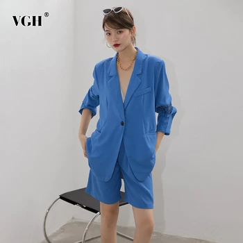 

VGH Embroidery Blazer Set For Women V Neck Half Sleeve Split Coat High Waist Casual Shorts Female 2020 Summer New Clothing Tide