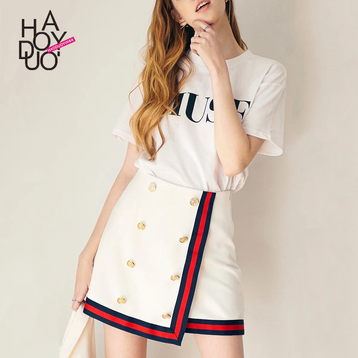 

2020 Autumn Europe And America Fashion Sweet Navy Style High-waisted Sheath Double Breasted Contrast Color Binding A- line Skirt