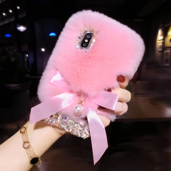 

Fluffy Plush Warm Phone Cases For iPhone 11 X XR XS Max 6 6S 7 8Plus Case Fur Rabbit Diamond Cover Soft TPU For iPhone 11Pro MAX