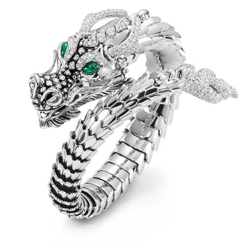 Huitan Whole Dragon Open Ring for Men Green Eyes Heroic Spirit Silver Color Hyperbole Male Rings Punk Style Jewelry | Украшения и