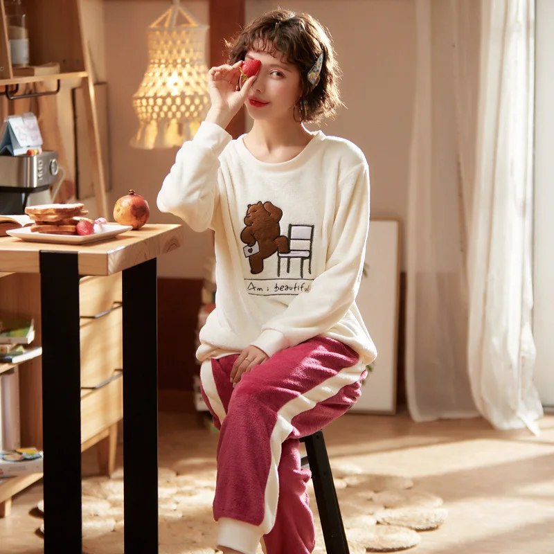 

Pajamas Women's 270 Grams Coral Velvet Autumn & Winter Long Sleeve Plus-sized Increase The Fat Mm200 Catty Flannel Homewear Set