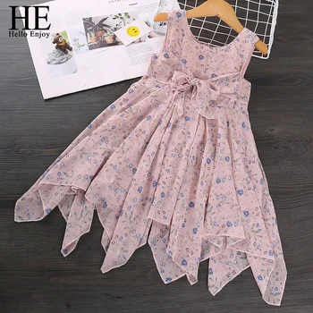 

HE Hello Enjoy Baby Girls Dresses Summer 2020 New Sleeveless Print Bow Irregular Princess Dress Children Clothing Kids Clothes