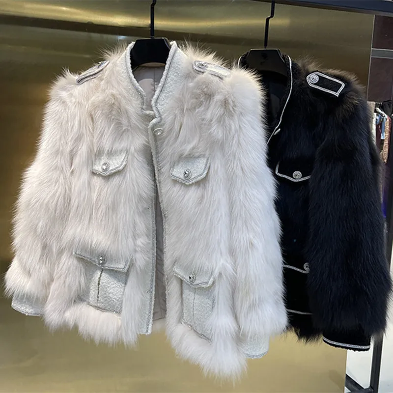 

High-End Light Luxury Woolen Sequins Faux Fox Fur Western Style Women's Winter Coat White Stand-Up Collar Loose Warm Coat