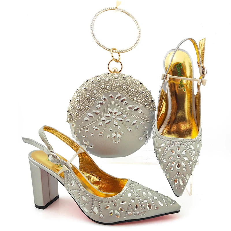 

Fashion silver shoes bag set for nigeria Christmas party sandal shoes and clutches bag matching set shoes bag SB8468-1
