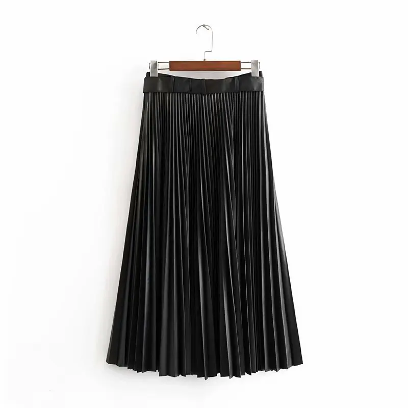 women black pleated PU leather skirts with belt ladies elegant streetwear retro female fashion office ladies maxi skirt