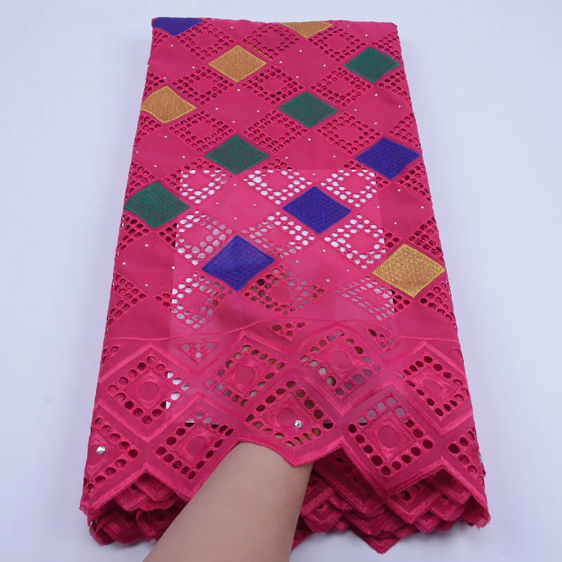 

New Arrival African 100% Cotton Swiss Voile Lace In Switzerland Rose Red Holes Design Fabric With Stones For Wedding Dress F1754