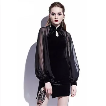 

2019 Autumn Winter Chinese Retro Gothic Black Velvet Sexy Dress Button Stand Collar Sexy Mesh Long Sleeve Bag Hip Split Female