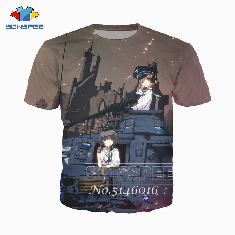 

SONSPEE Men Street wear Clothing Summer Unisex Fashion Casual Short Sleeve Anime GIRLS und PANZER 3D Print Harajuku T-shirt t169