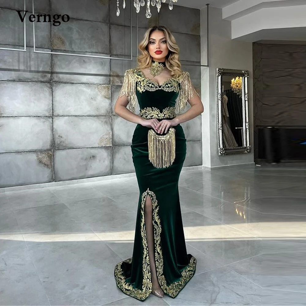 

Verngo 2022 Emerald Green Velvet Mermaid Evening Dresses Kaftan Dubai Women Lace Applique Slit Tassel Luxury Long Prom Dress